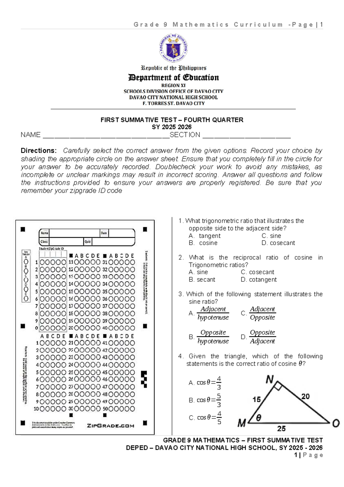 Grade 9 Mathematics First Summative Test - Fourth Quarter SY 2025-2026 ...