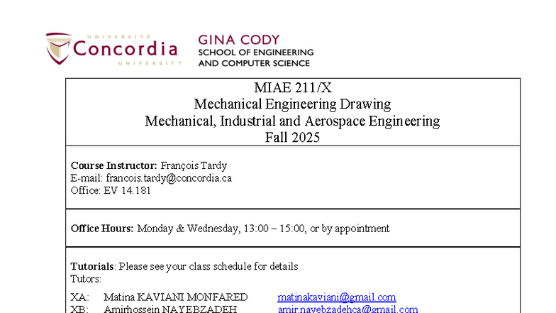 MIAE 211 Mechanical Engineering Drawing Course Outline - Fall 2025 ...