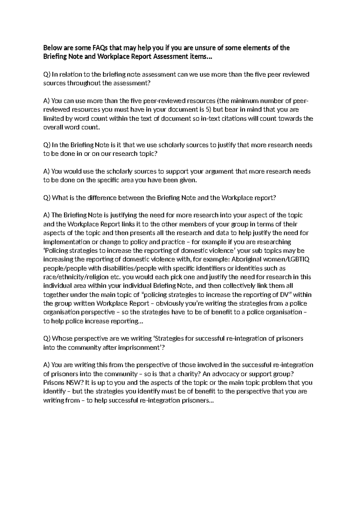 FAQs for Briefing Note & Workplace Report Assessment (Course Code ...
