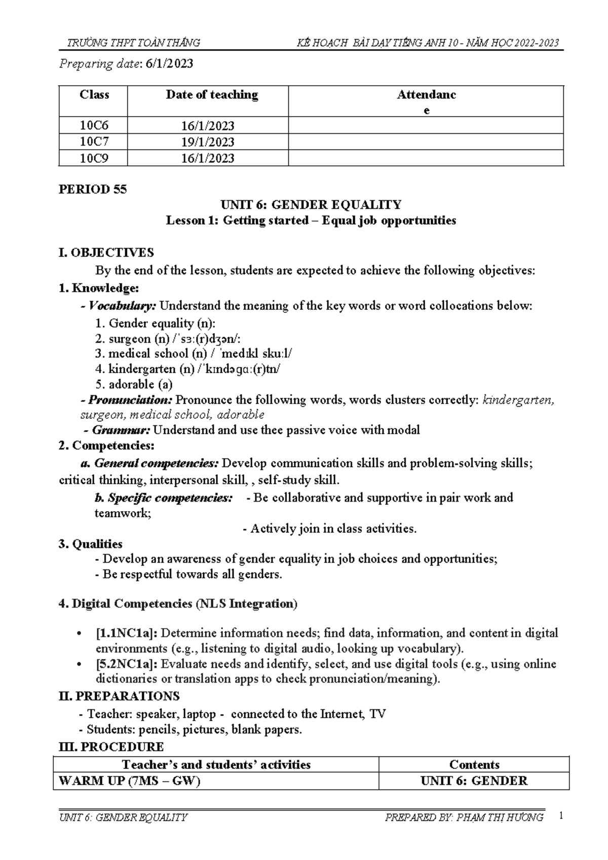KẾ HOẠCH BÀI DẠY TIẾNG ANH 10: UNIT 6 - GENDER EQUALITY - Studocu