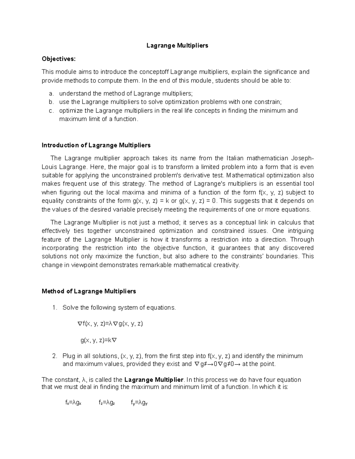 Lagrange Multipliers: Concepts, Methods, and Practice Exercises - Studocu