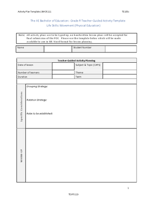 [Solved] Grade R Life Skills Movement Physical Education Activity Plan ...