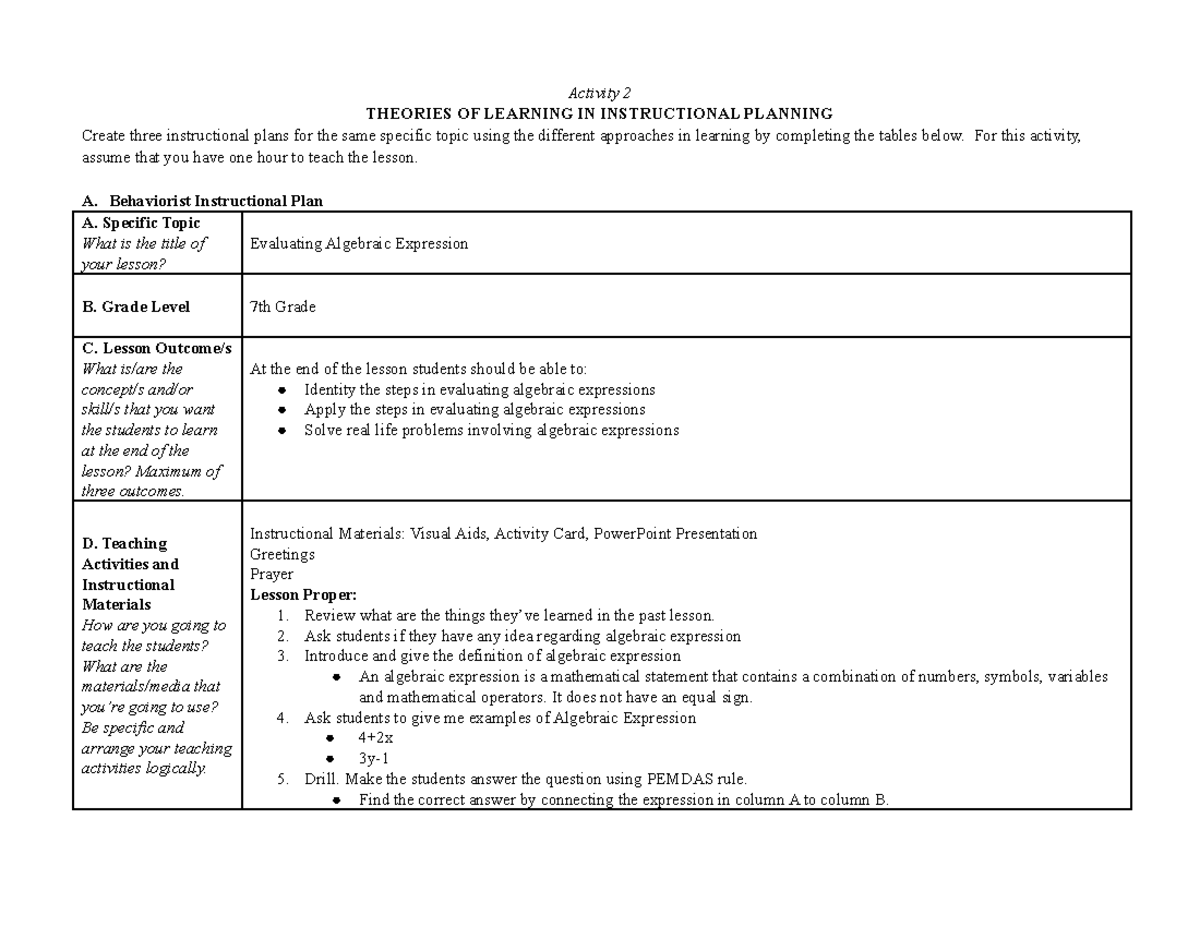 Learning theories and Lesson Planning - Activity 2 THEORIES OF LEARNING ...