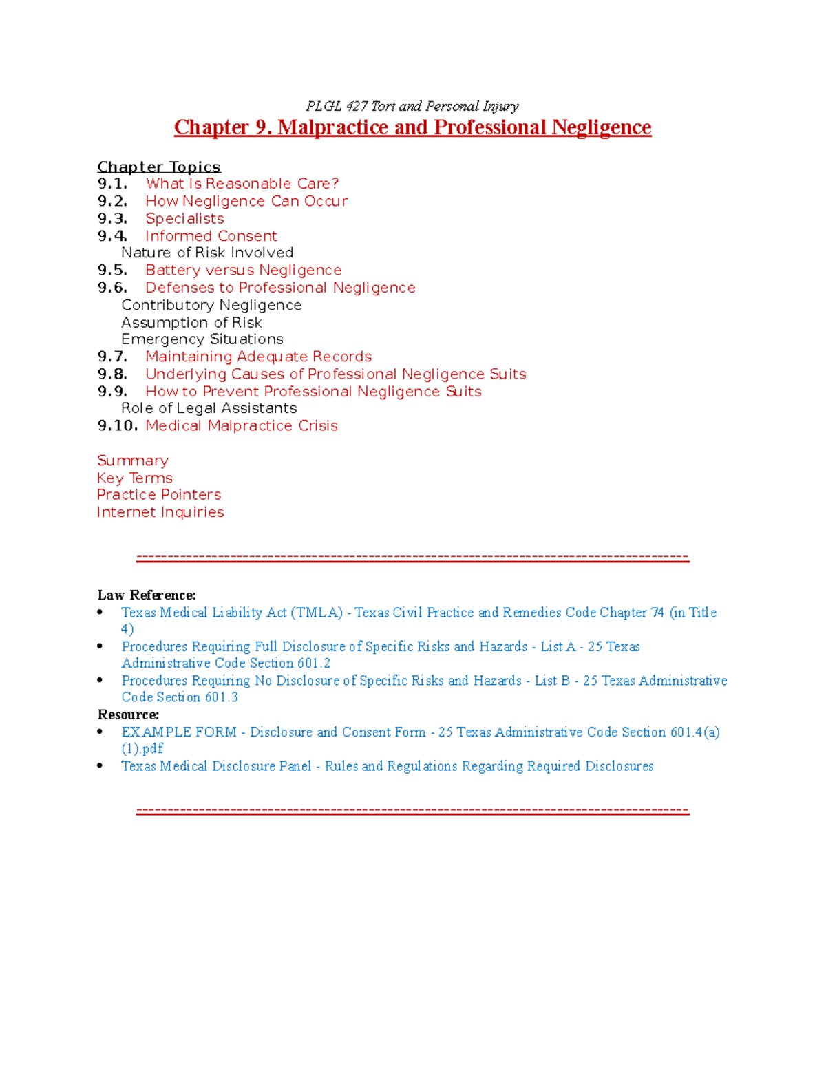 PLGL 427 - Chapter 9 Overview: Malpractice & Professional Negligence ...