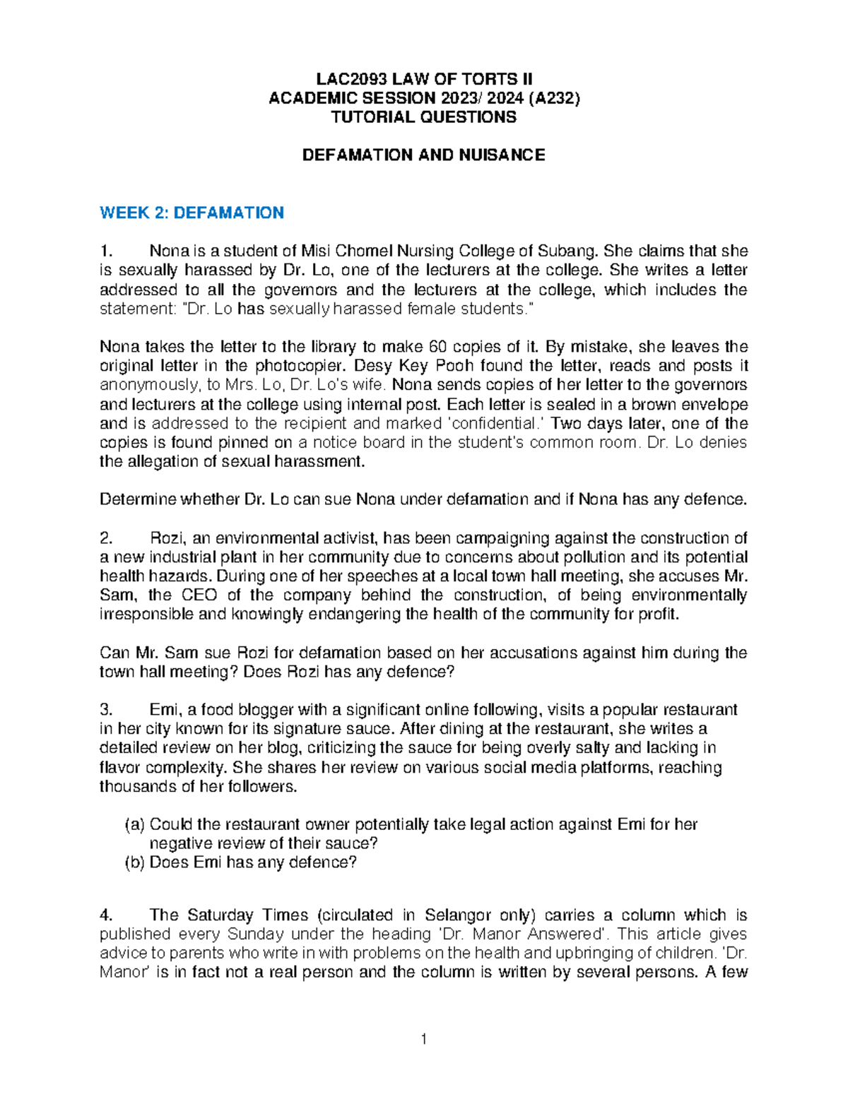 A232 LAC2093 Law of Torts II: Week 2 Tutorial Questions on Defamation ...