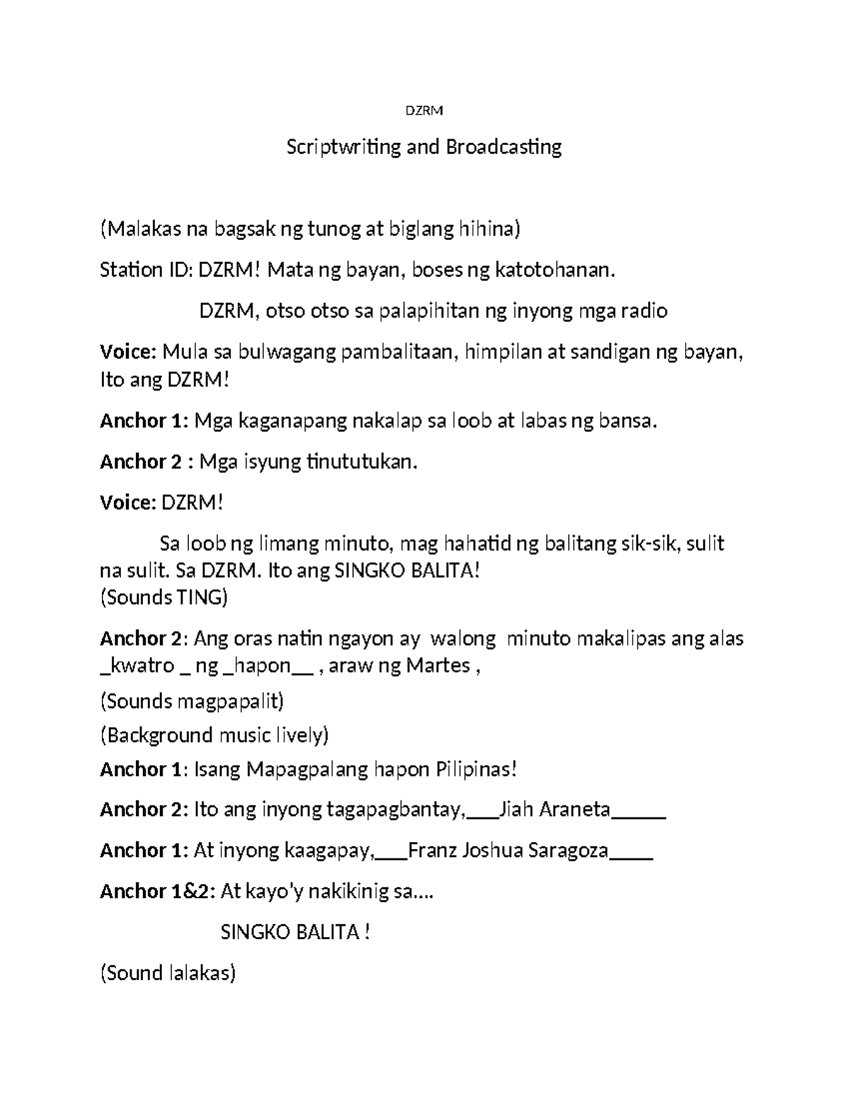 DZRM Radio Broadcasting Script: SINGKO BALITA Segment - Studocu