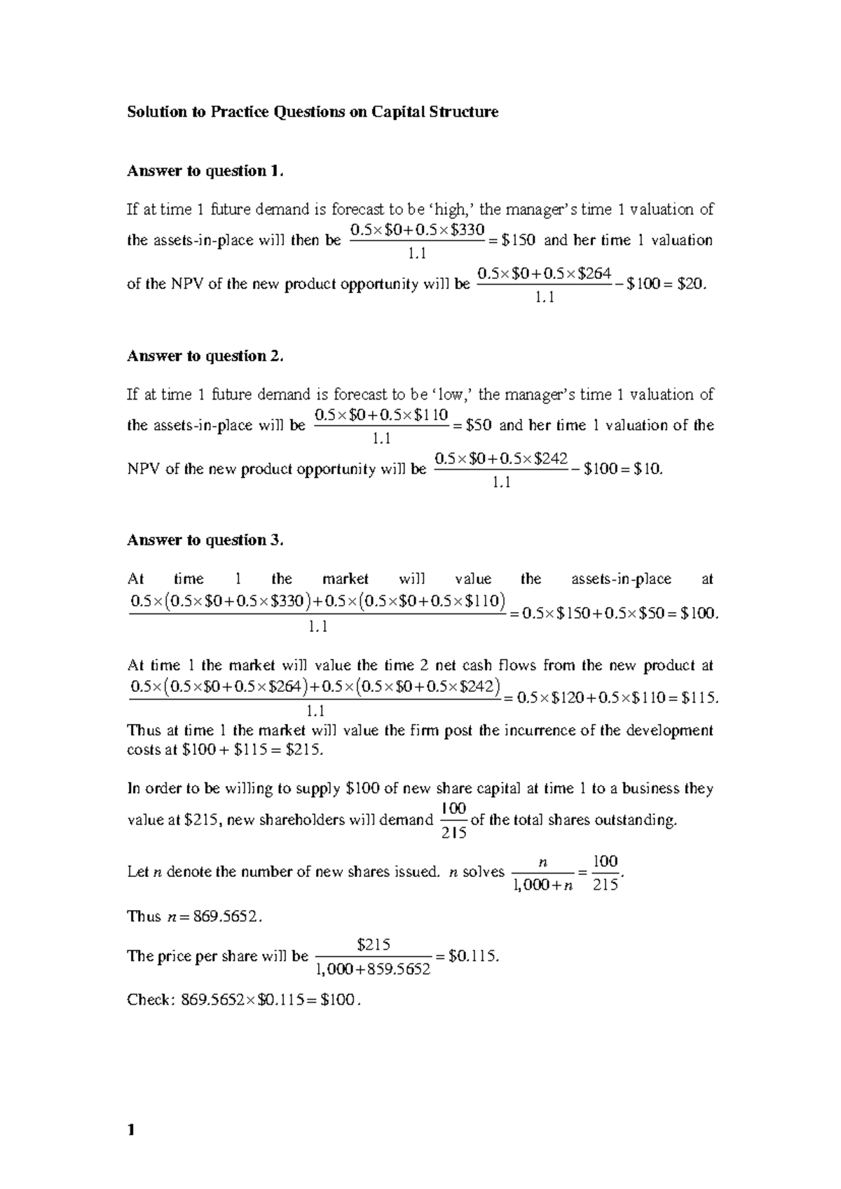 Practical - Capital Structure Solutions for Practice Questions ...