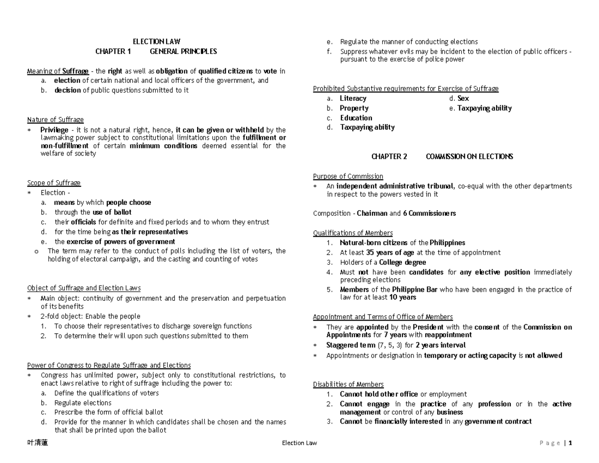 86421448 Election Law Final Exam Reviewer: Key Principles & Concepts ...