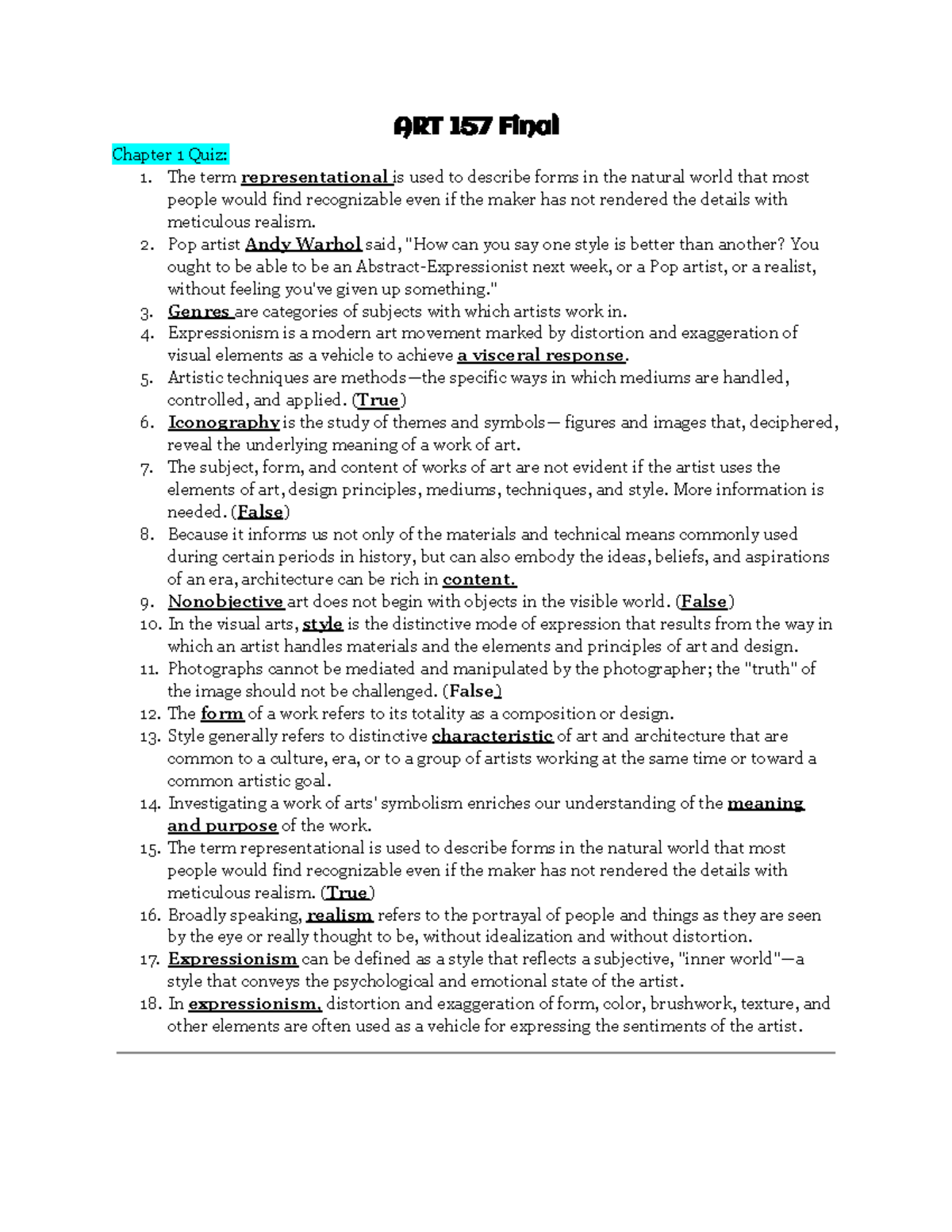 ART 157 Final Exam Notes - Comprehensive Quiz Questions Review - Studocu