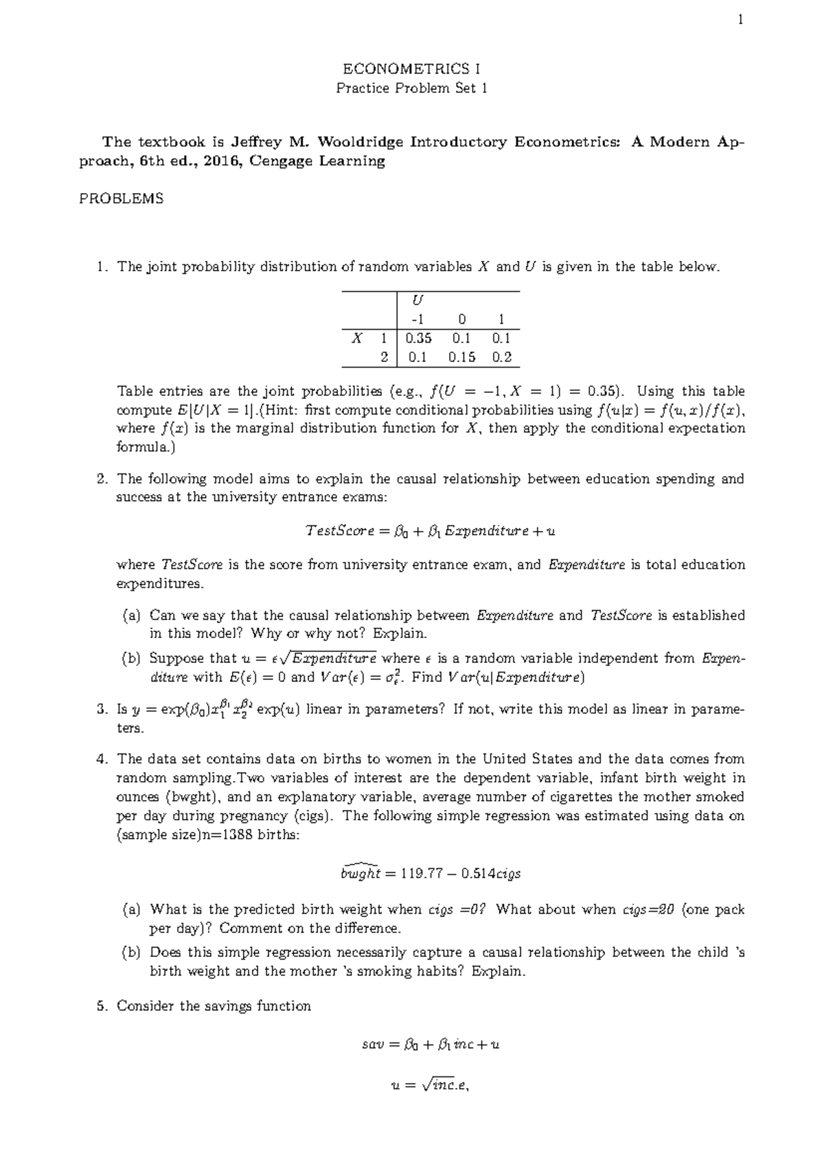 PPS 01 Econometrics I - 1 ECONOMETRICS I Practice Problem Set 1 The ...