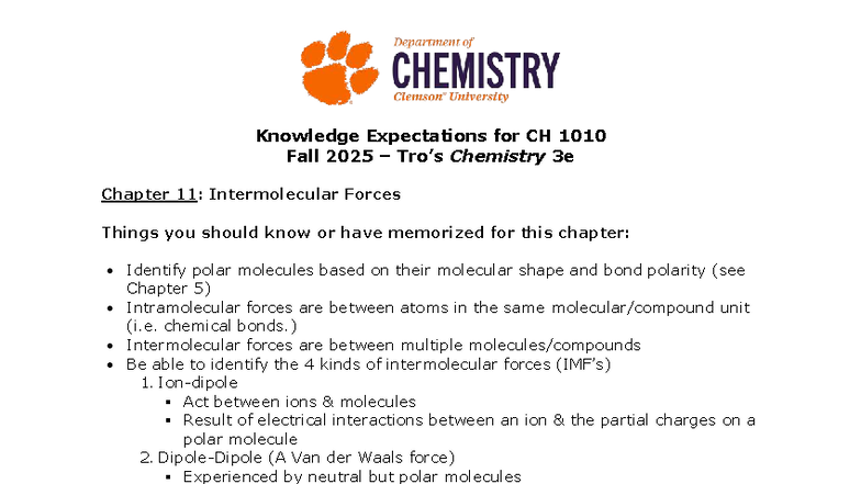 Course Objectives for CH 1010: Intermolecular Forces Overview - Studocu