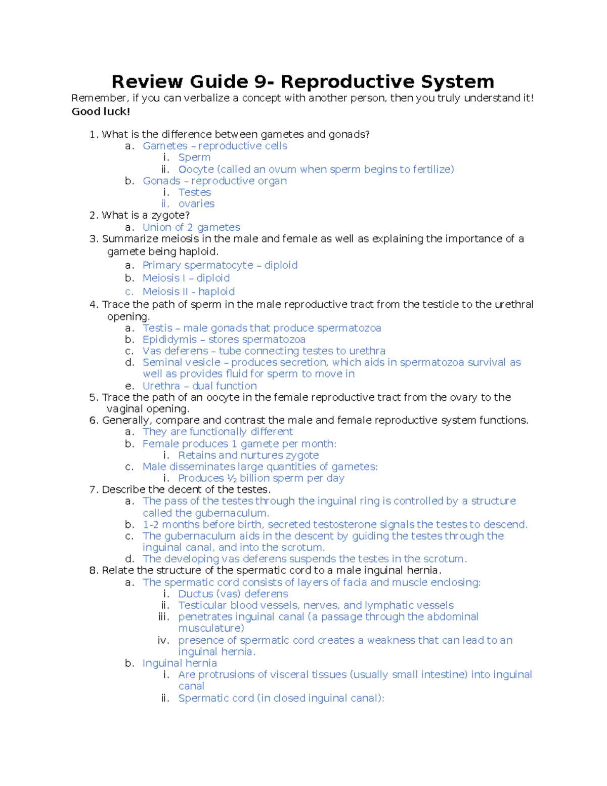 Reproductive System Review Guide 9: Key Concepts & Processes - Studocu