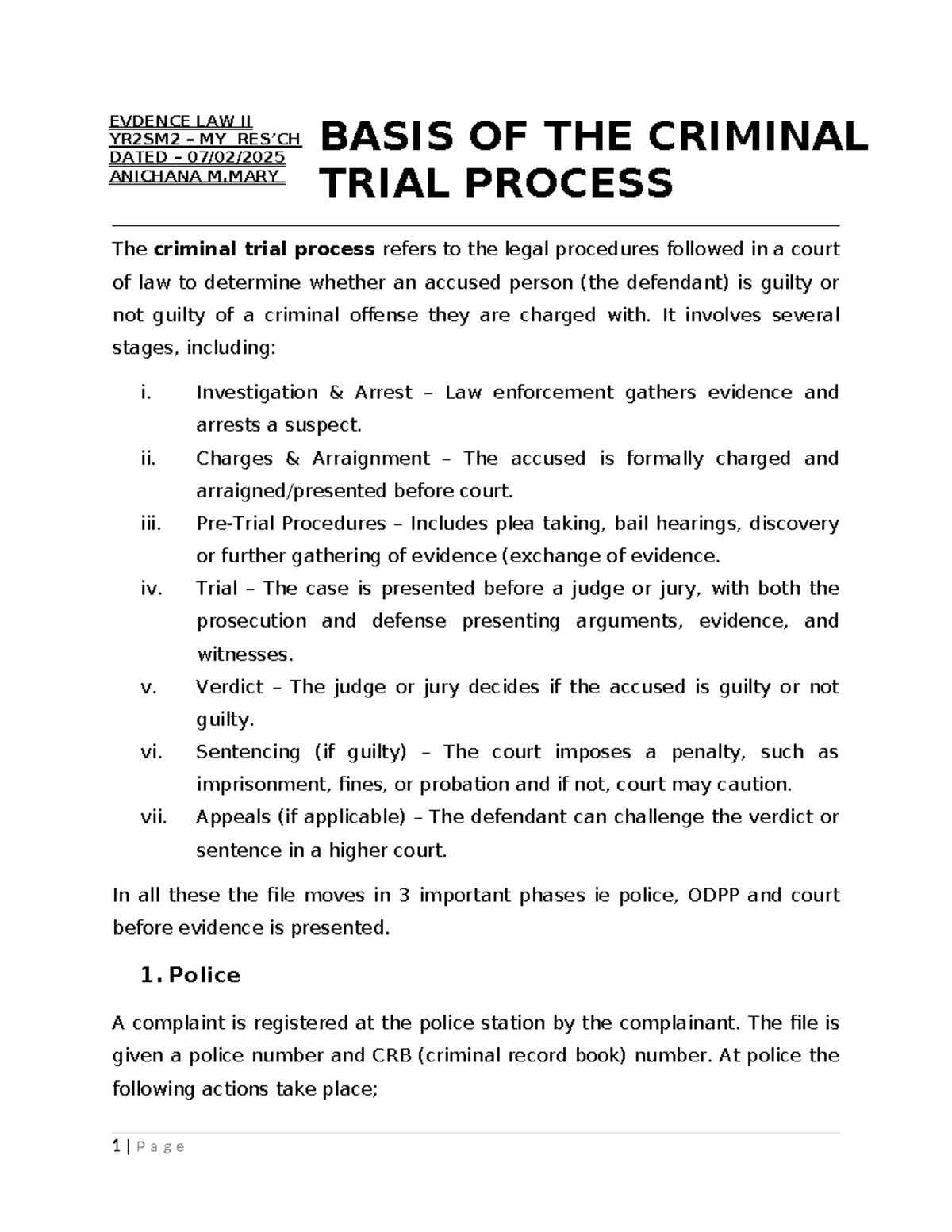 EVDENCE LAW II YR2SM2: Stages of the Criminal Trial Process - Studocu