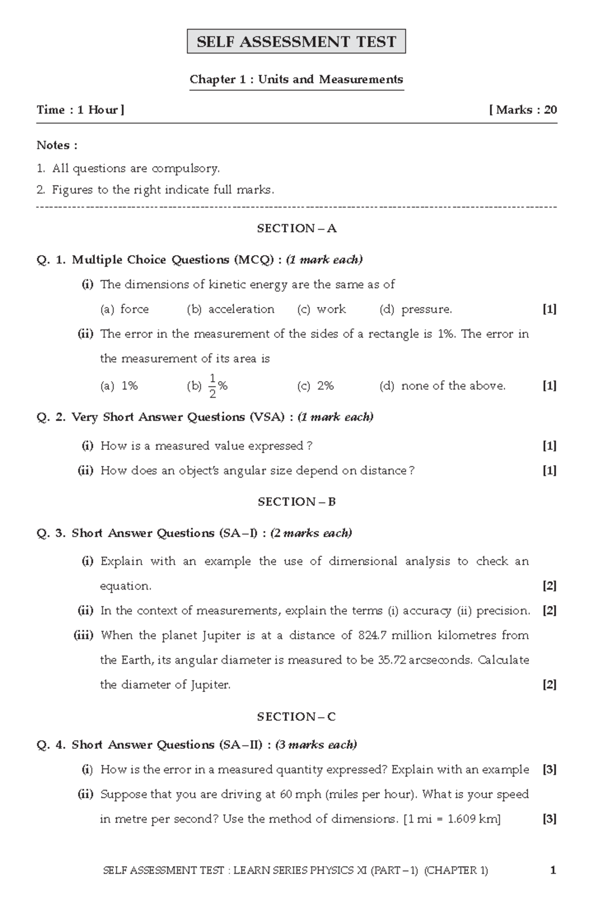 E0201 CH01 Que - ABC - SELF ASSESSMENT TEST : LEARN SERIES PHYSICS XI ...