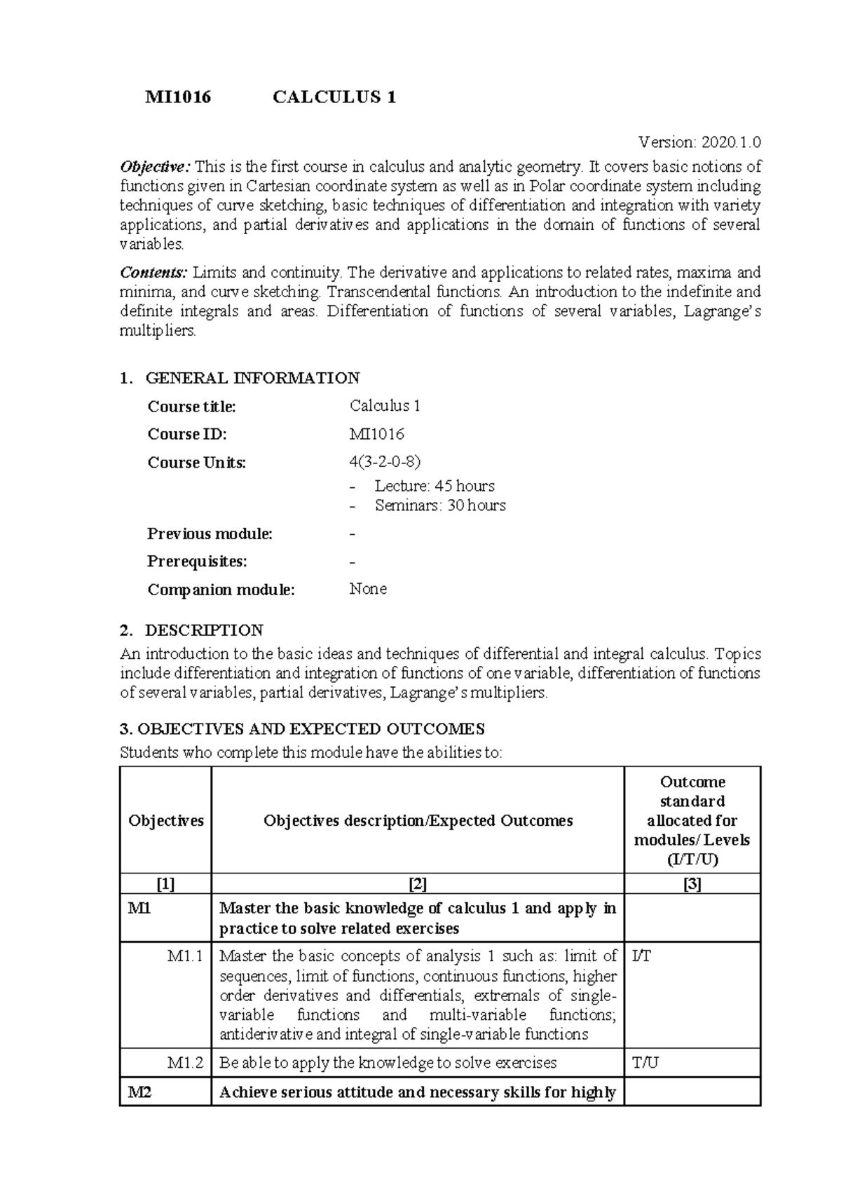 CTTT-MI1016-Calculus 1 - MI1016 CALCULUS 1 Version: 2020. Objective ...