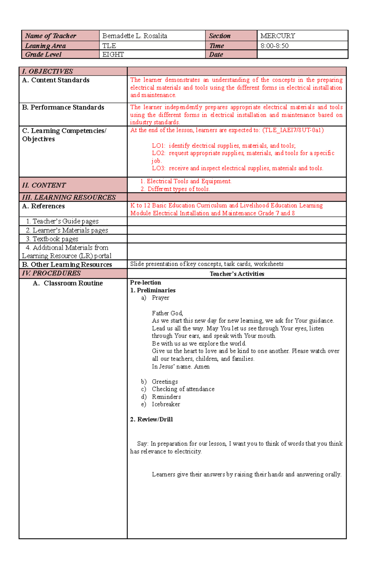 EIM 8 Lesson Plan: Electrical Tools & Equipment Overview - Studocu