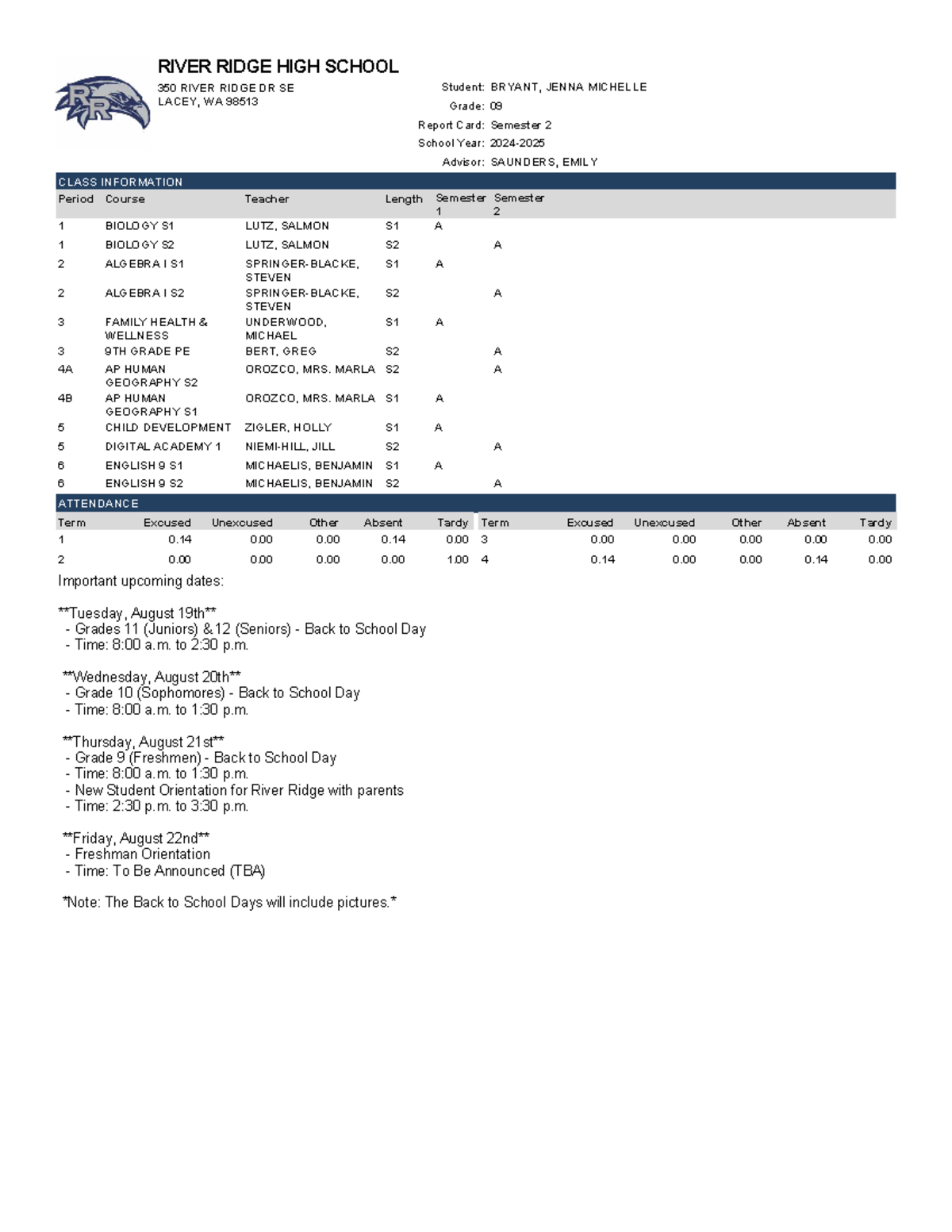 24-25 Report Card Semester 2 - River Ridge High School - Studocu