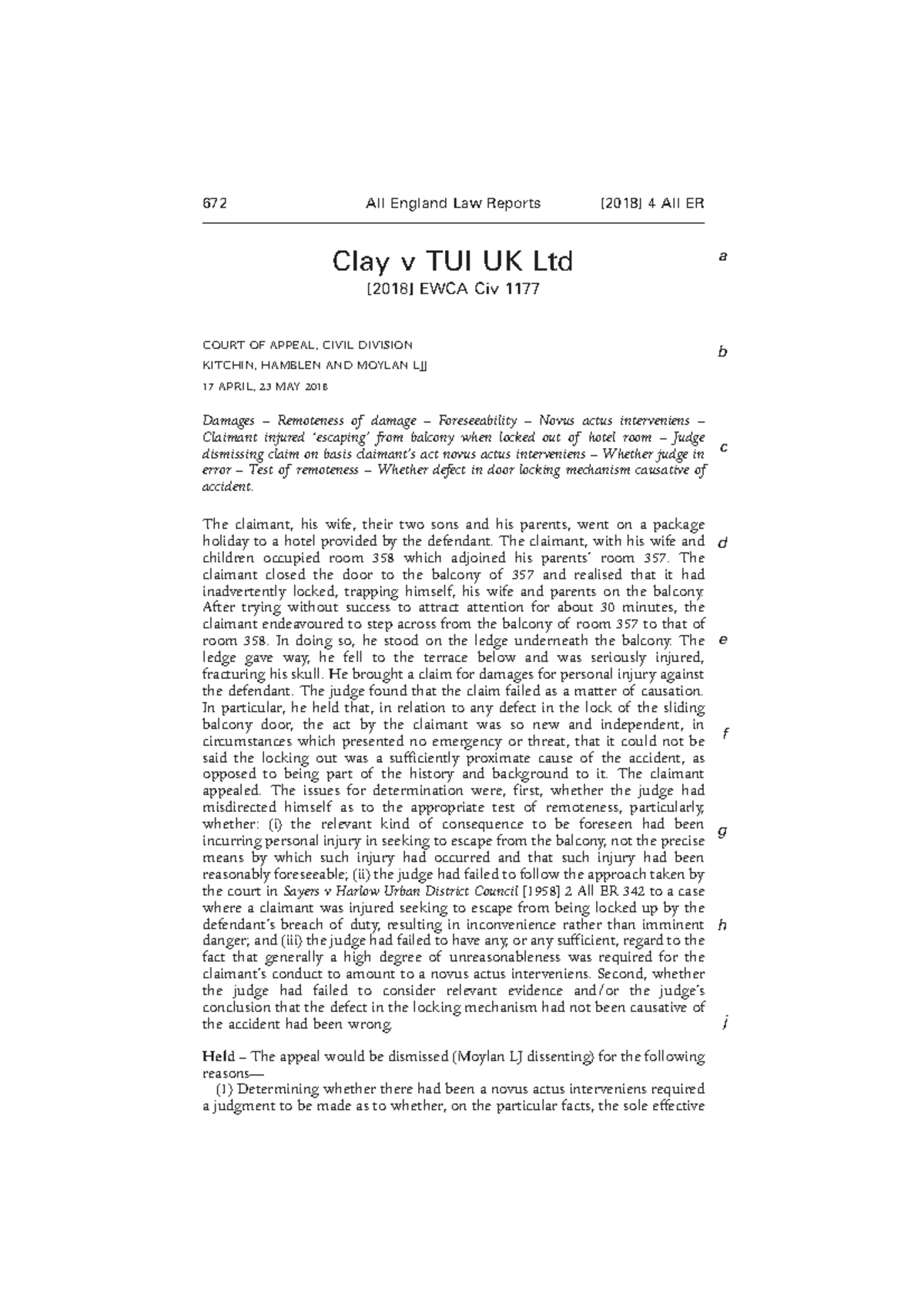 Final Exam Case Study: CA 672 Clay v TUI UK Ltd - Causation ...