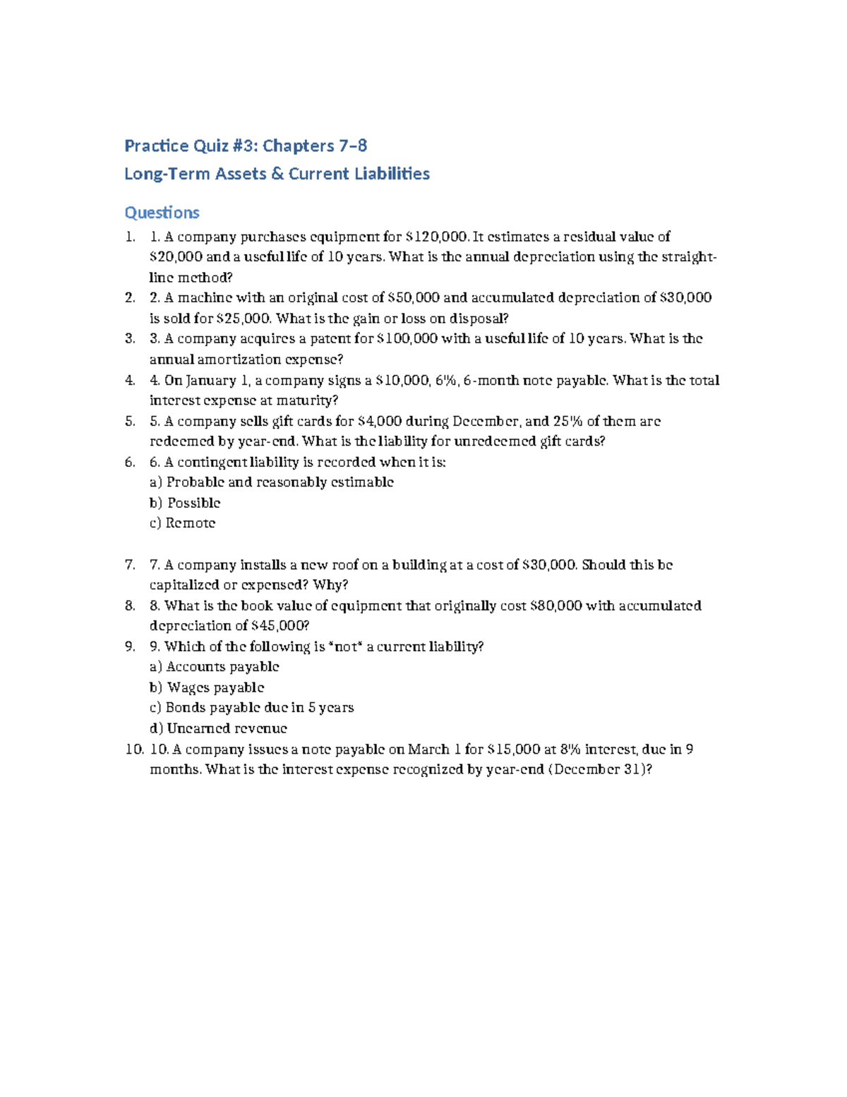 Accounting Quiz 3 Practice: Assets & Current Liabilities Questions ...