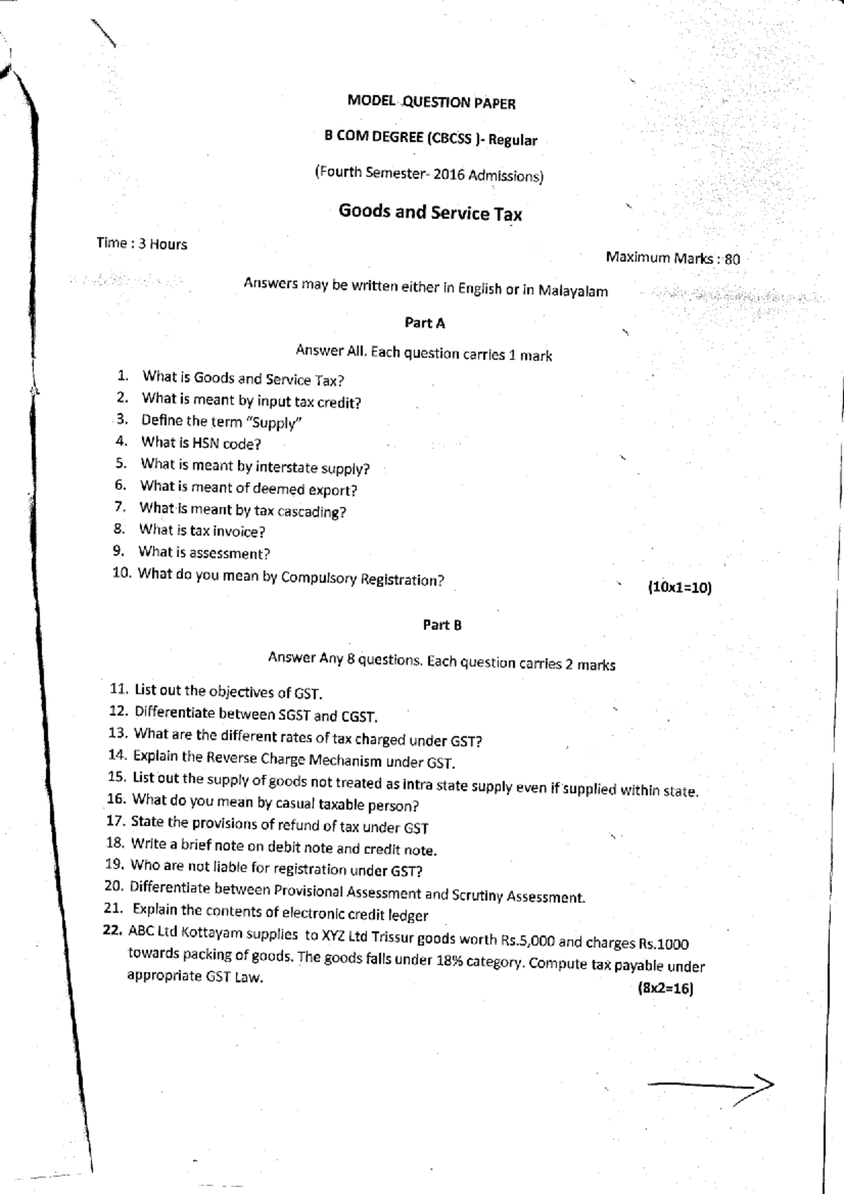 GST Model Question Paper - COM DEGREE (CBCSS Regular) - Studocu