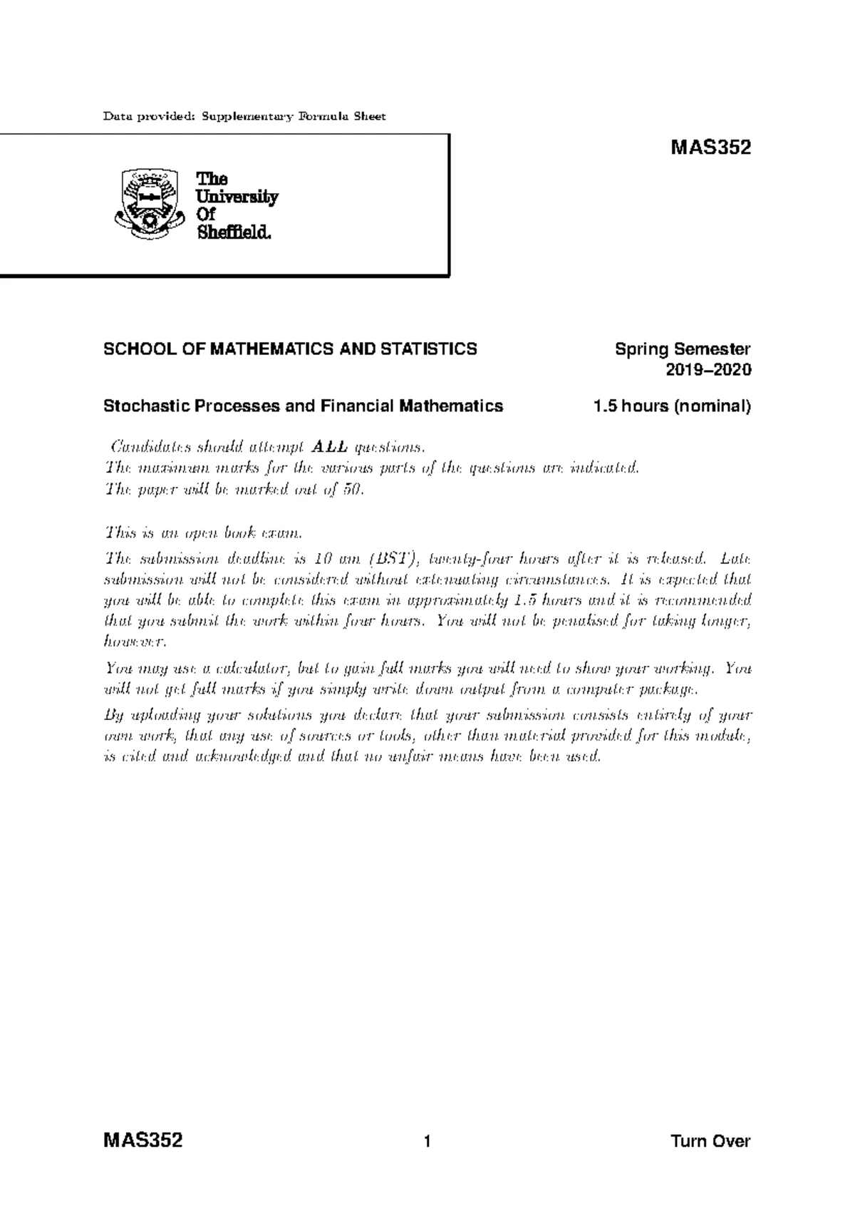 MAS 352 Stochastic Processes and Financial Mathematics Spring Semester ...