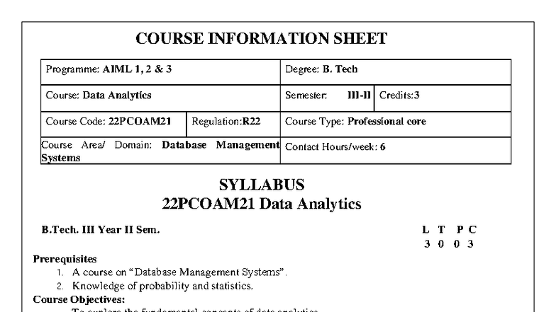 22PCOAM21 Data Analytics Course Information & Syllabus Overview - Studocu