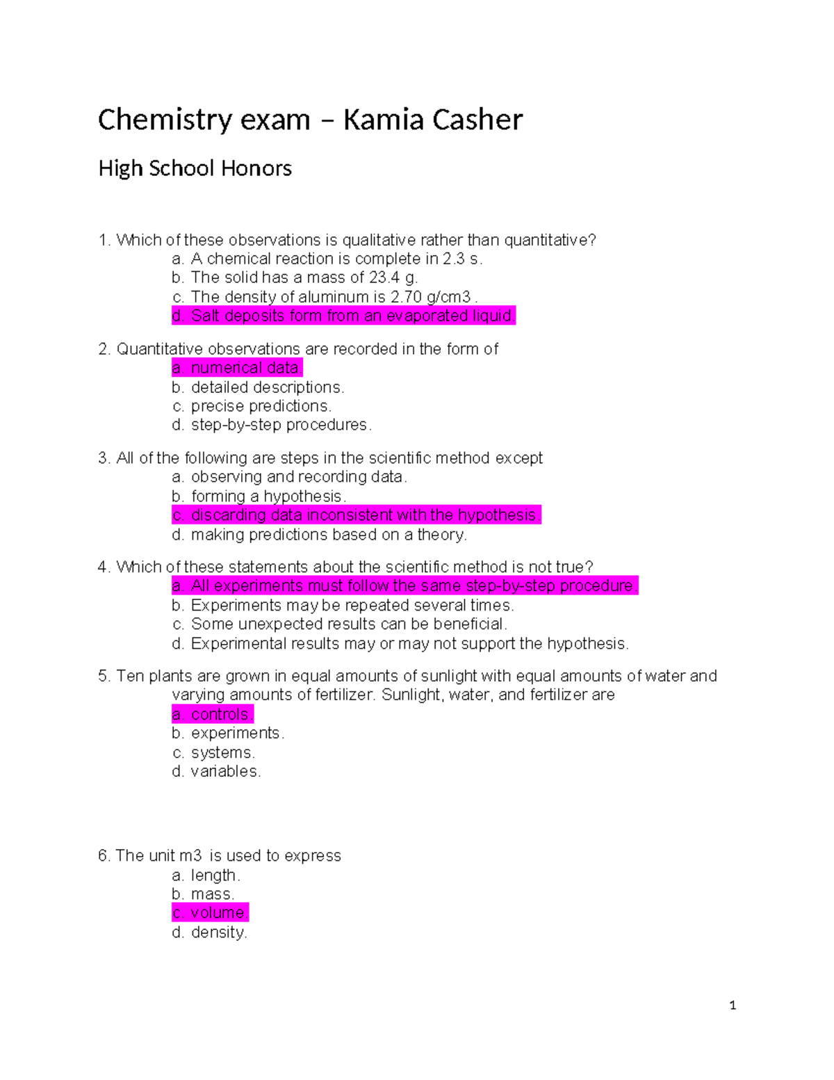 Chemistry Exam Study Guide - Kamia Casher High School Honors 1 - Studocu