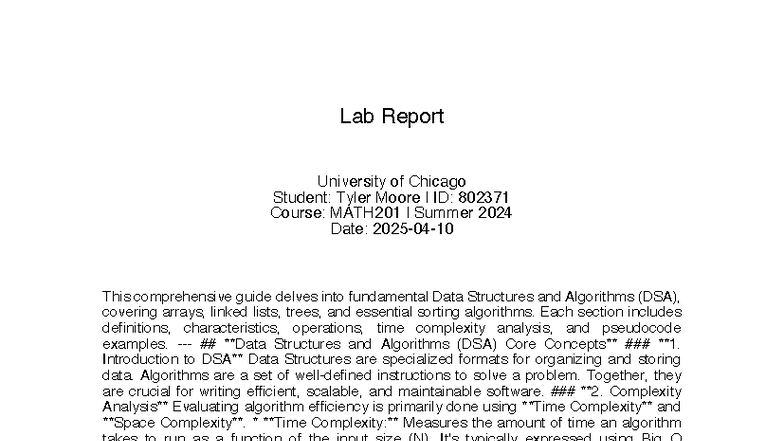 MATH201 Lab Report: Data Structures & Algorithms Overview - Studocu