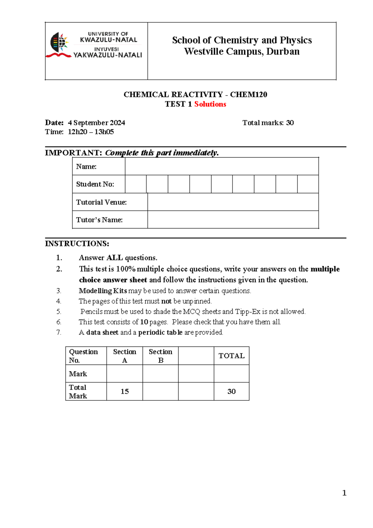 CHEM120 Test 1 Solutions - School of Chemistry & Physics - Studocu