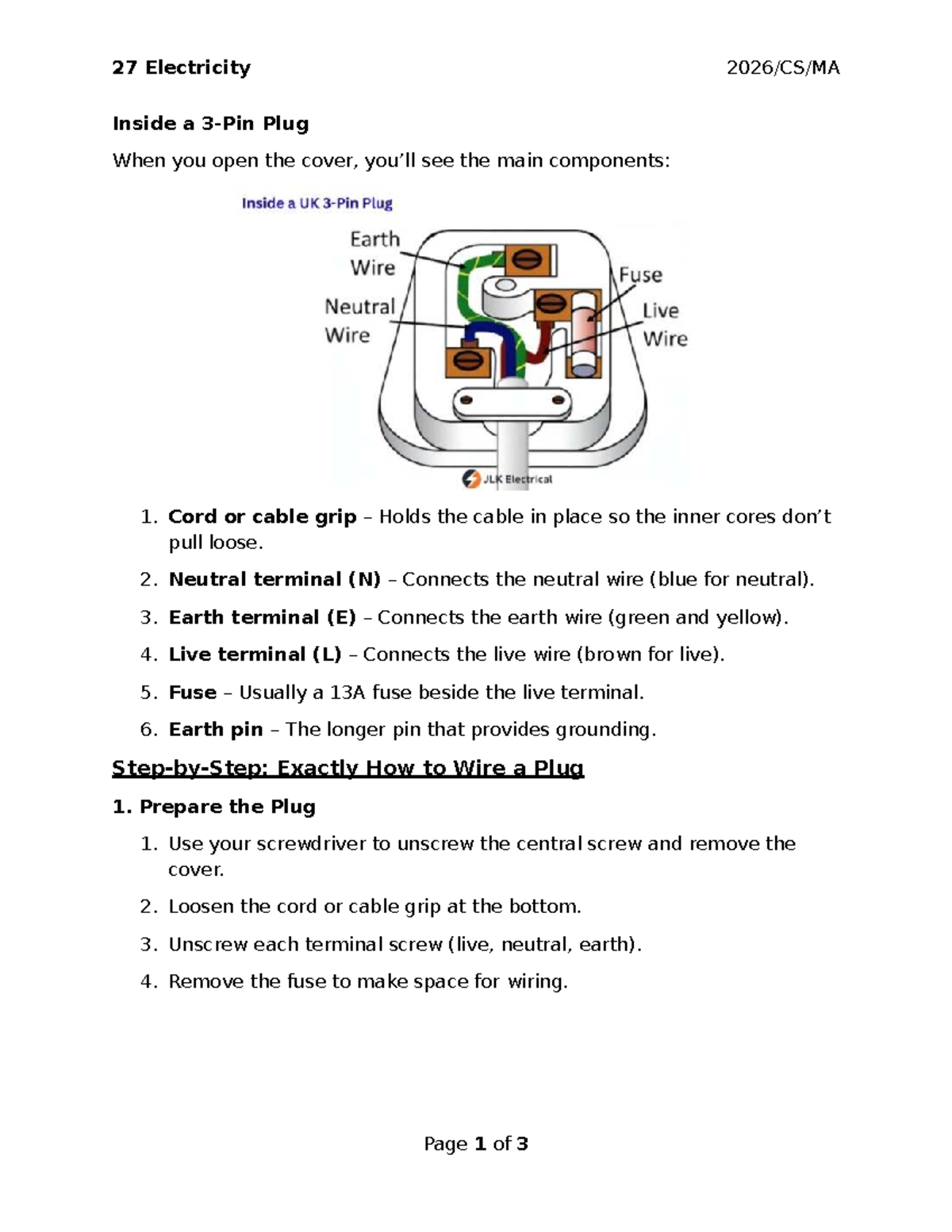 2026 PHY Final Exam: Wiring and Components of a 3-Pin Plug - Studocu
