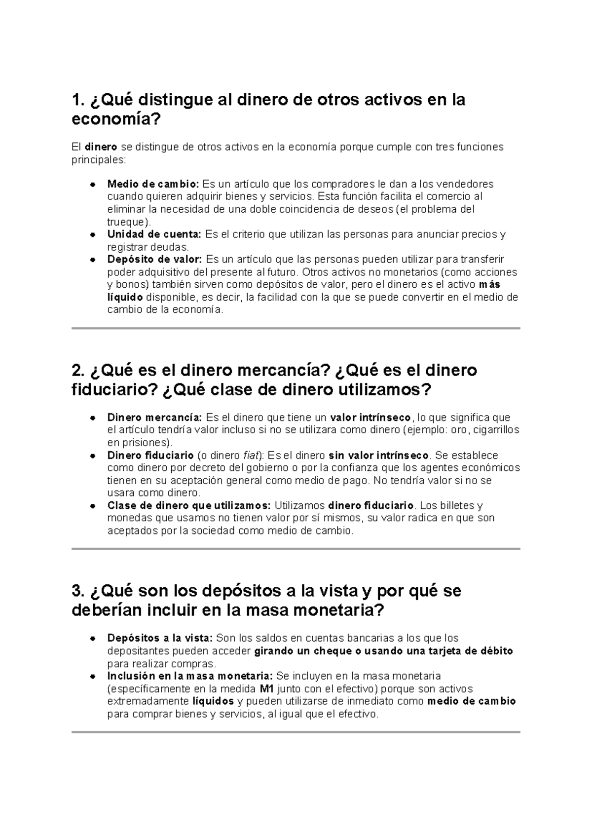 El Dinero como Activo en la Economía: Funciones y Tipos - Studocu