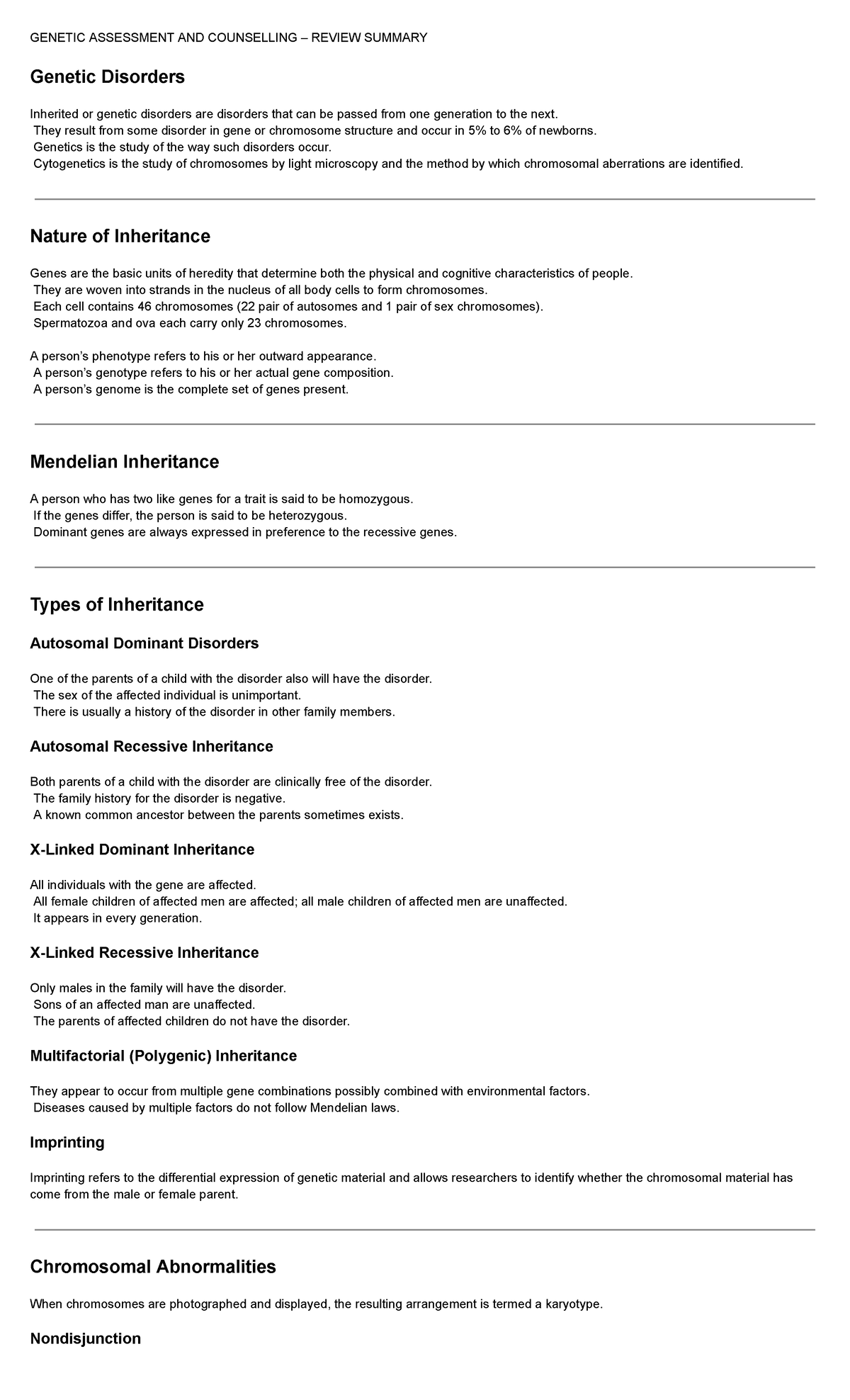 GEN 101: Genetic Assessment & Counselling Review Summary - Studocu