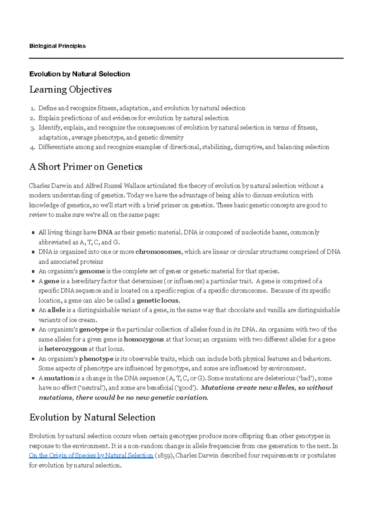 Evolution by Natural Selection: Biological Principles Overview - Studocu