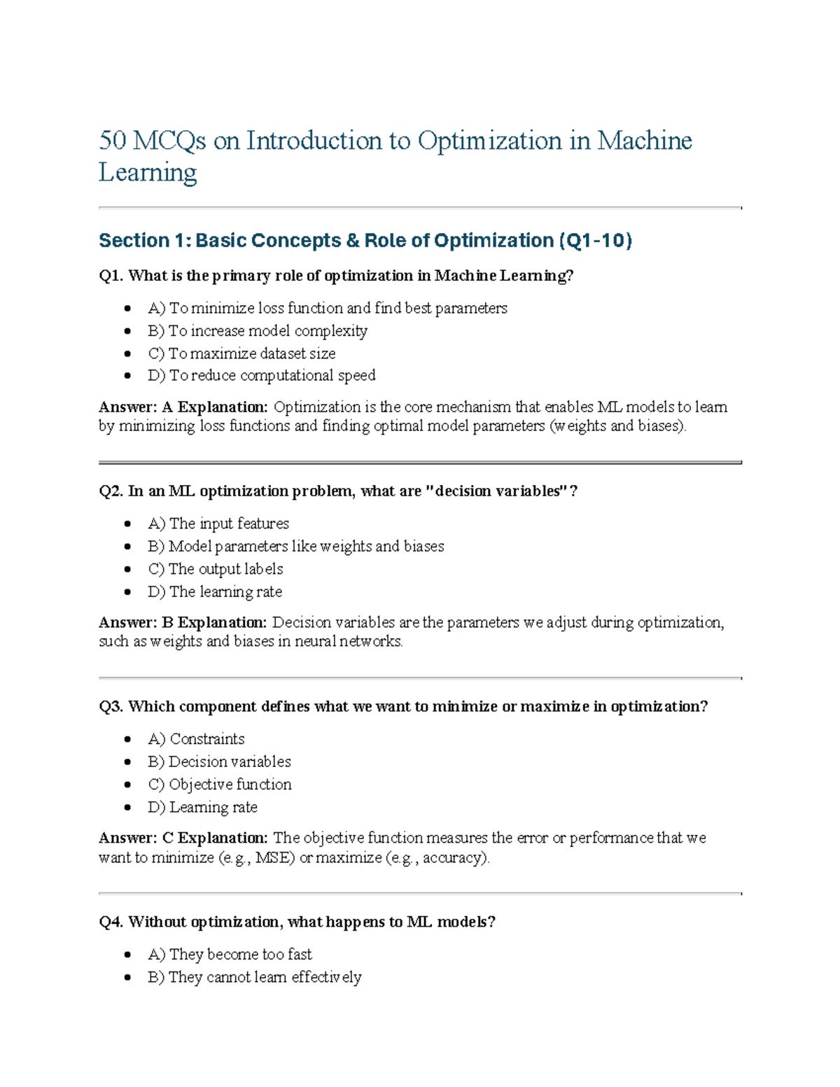 50 MCQs on Optimization in Machine Learning - Unit 1 Practice - Studocu