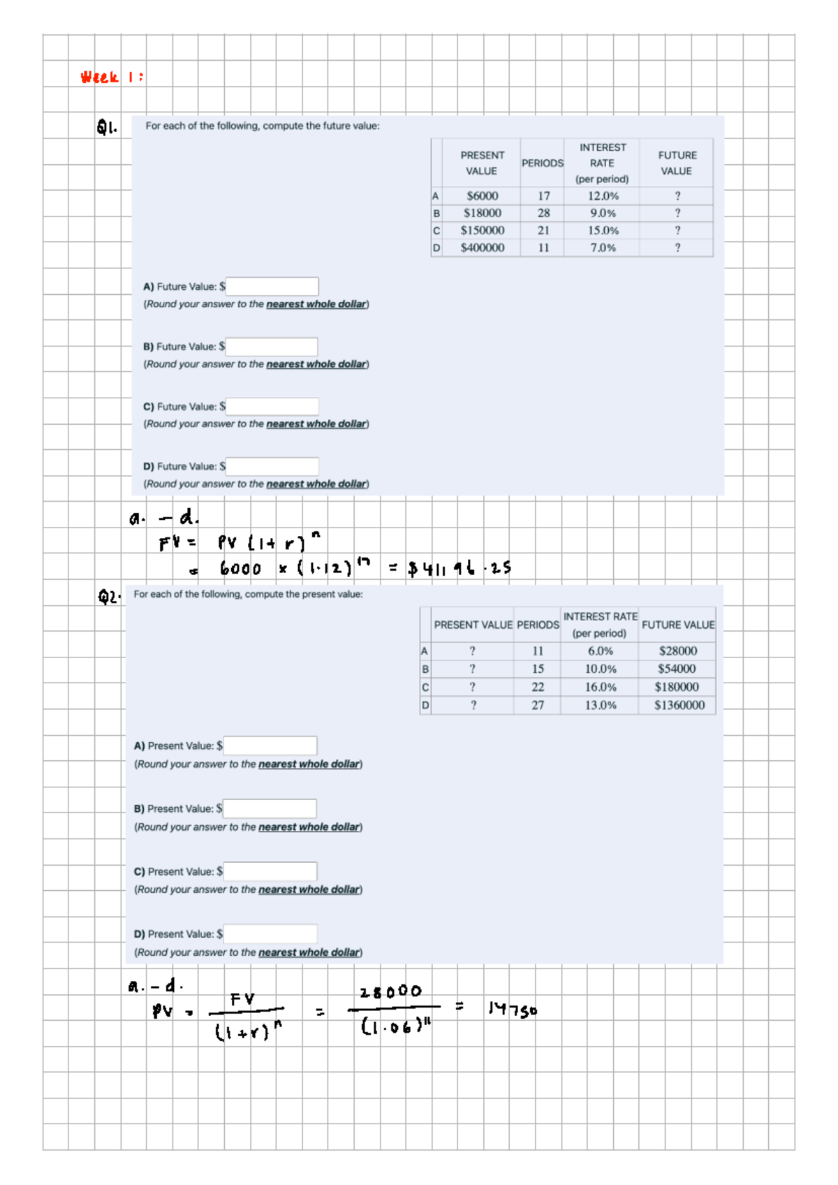 Practice Questions Wk1-4: Future and Present Value Calculations - Studocu