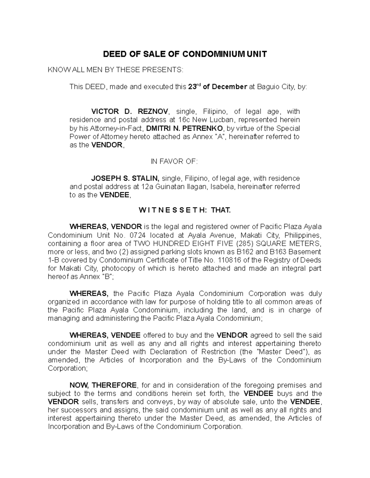 DEED OF SALE OF CONDOMINIUM UNIT - Sample Agreement Document - Studocu
