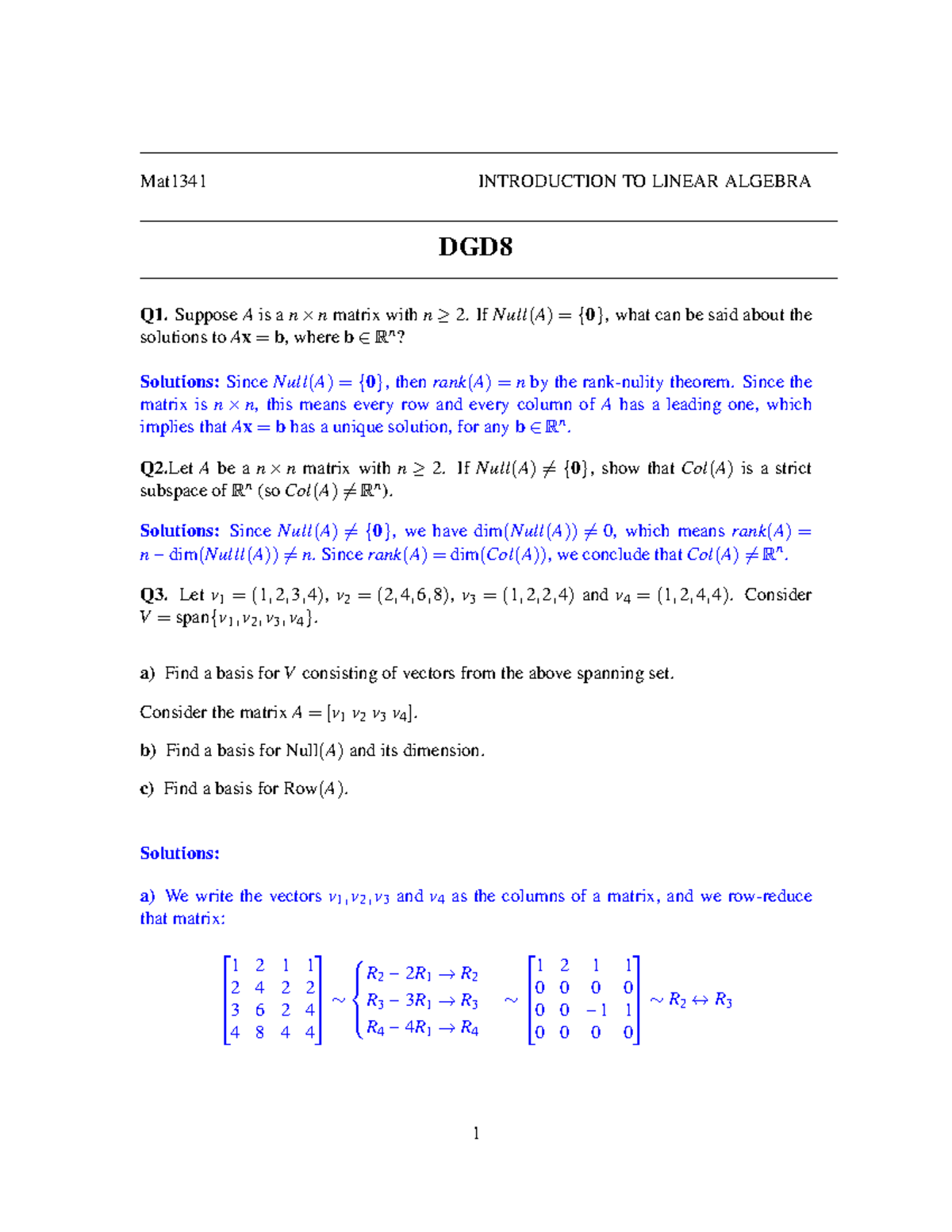 MAT1341 D-DGD8 - Solutions - Mat1341 INTRODUCTION TO LINEAR ALGEBRA DGD ...