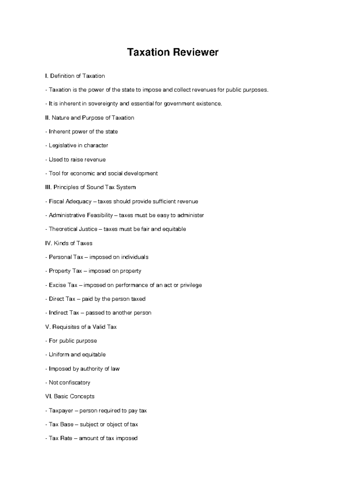 Taxation Reviewer I: Key Concepts and Principles - Studocu