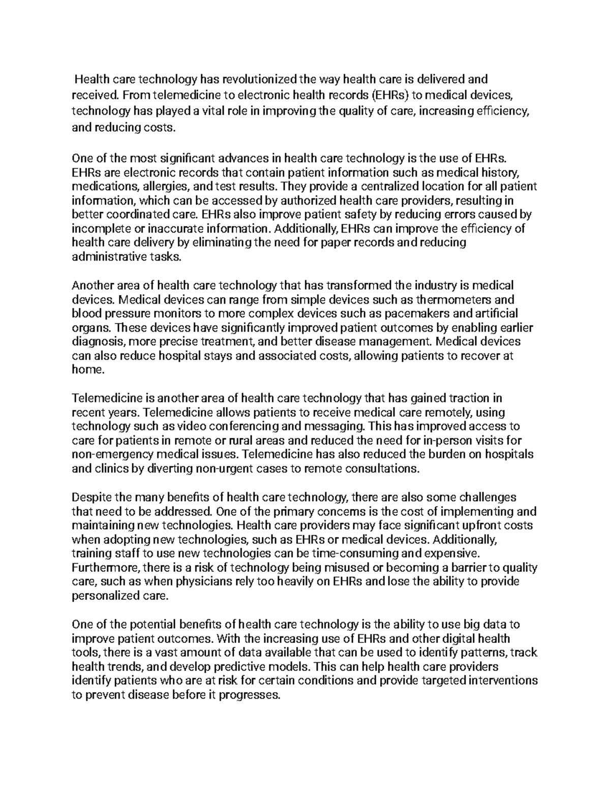 HCT 101: The Transformative Impact of Health Care Technology Essay ...