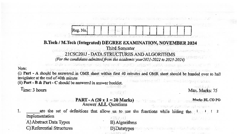 Nov 2024 B Tech M Tech Integrated 21csc201 Data Structures