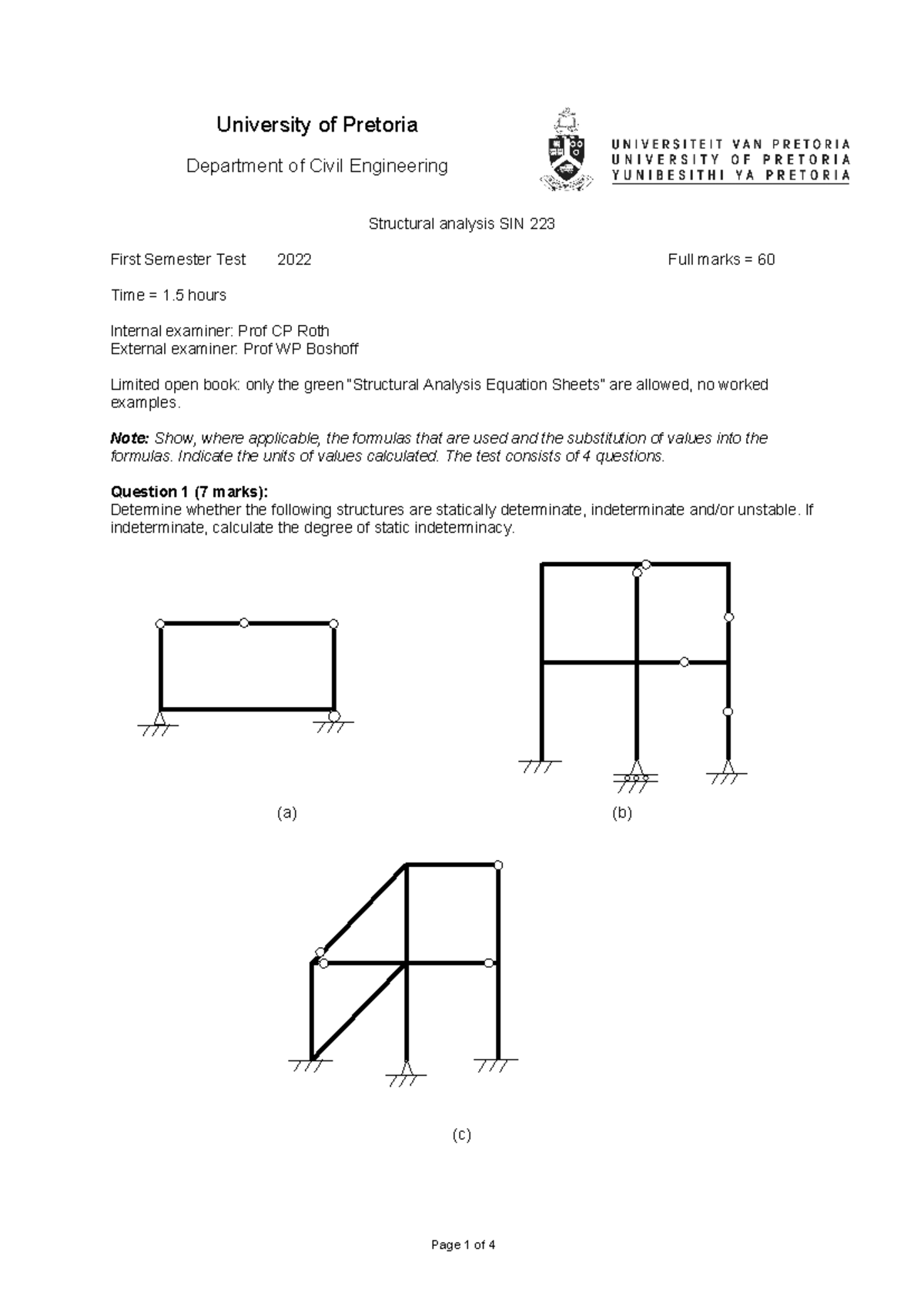 Structural Analysis SIN 223 - First Semester Test 2022 Guide - Studocu