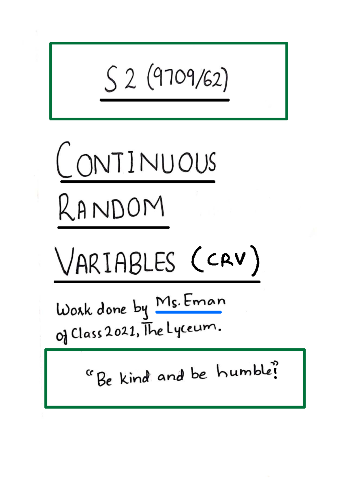 S2 Continuous Random Variables (CRV): Updated Study Notes - Studocu