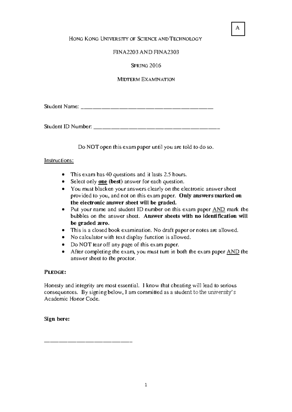 HKUST FINA2203 & FINA2303 Spring 2016 Midterm Exam Answers - Studocu