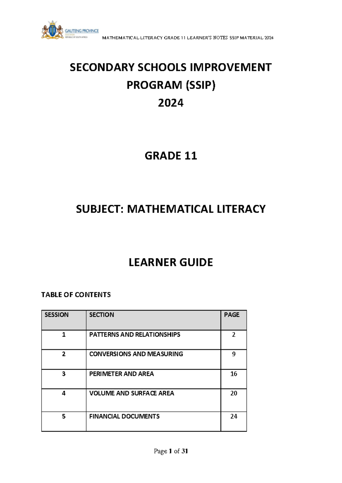 MATHEMATICAL LITERACY GRADE 11 SSIP LEARNER GUIDE 2024 NOTES - Studocu