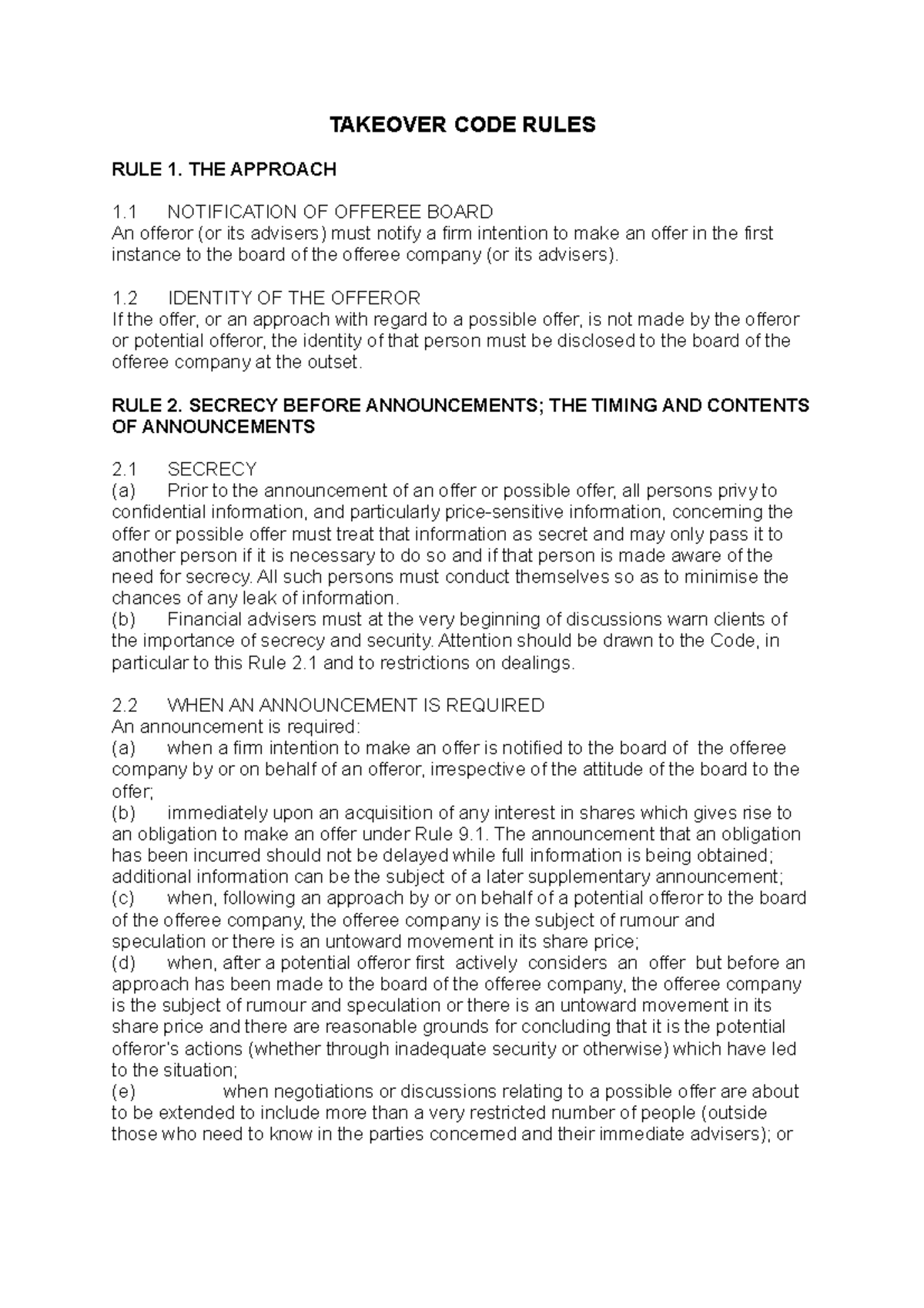 Takeover Code Rules: Key Guidelines for Offerors and Offerees - Studocu