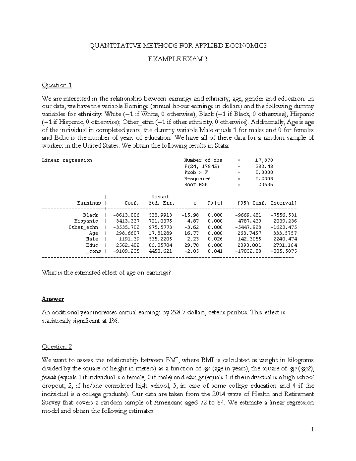 Quantitative Methods for Applied Economics: Example Exam 2020/21 ...