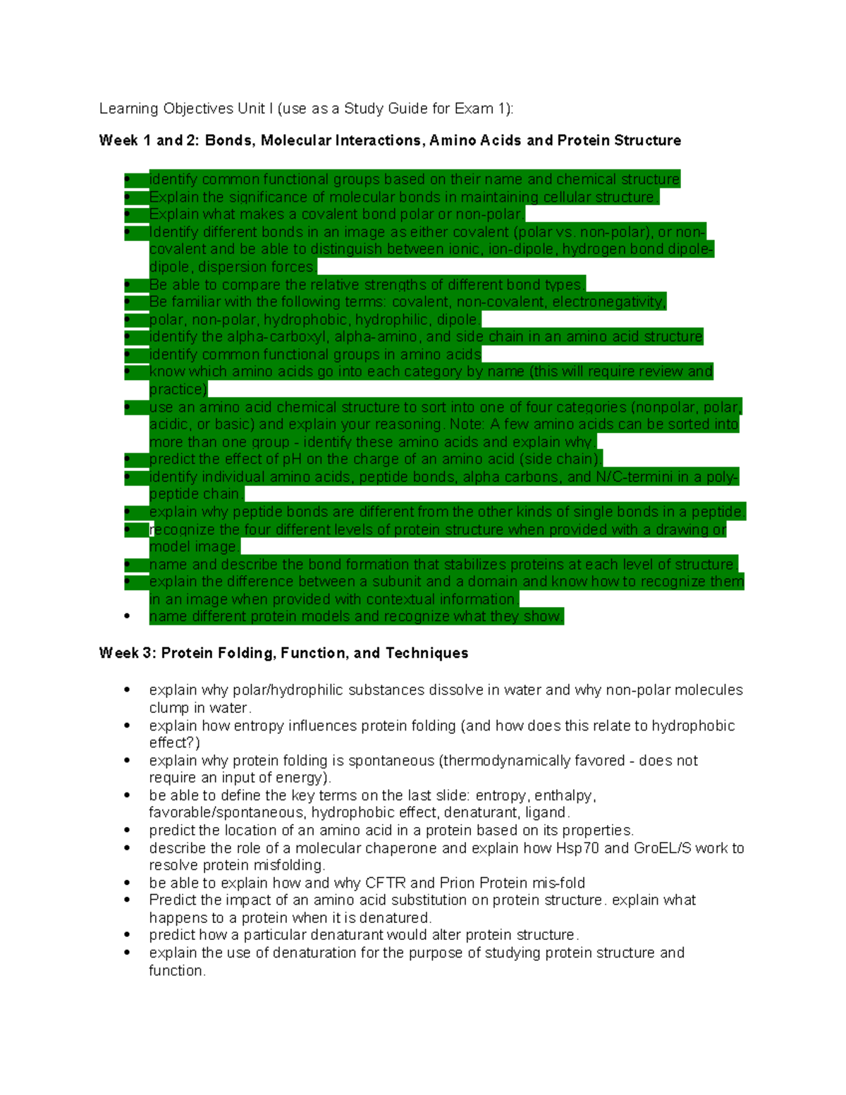 Unit I Learning Objectives: Study Guide for Exam 1 on Bonds & Proteins ...