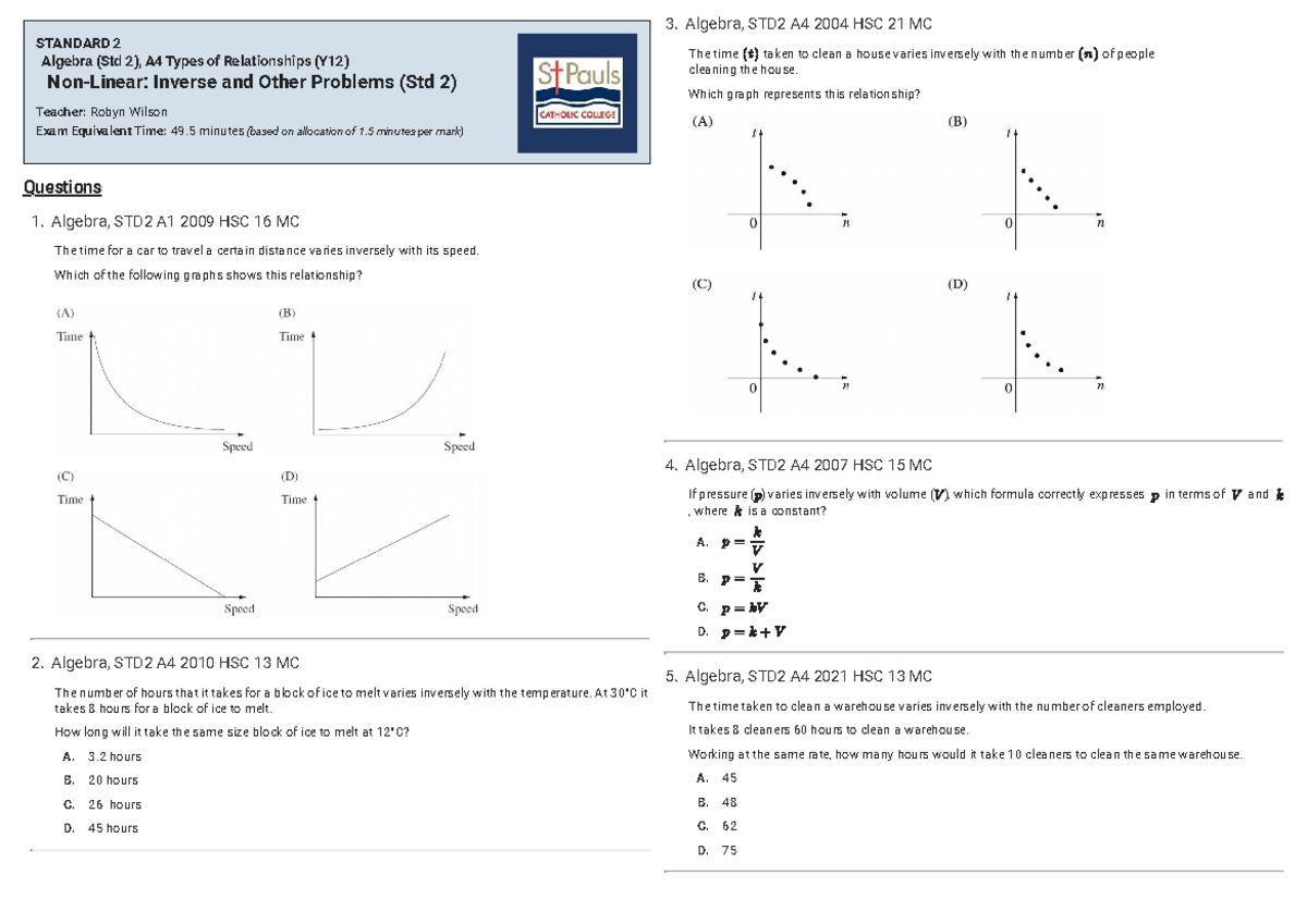 HSC Algebra STD2 A4: Inverse Relationships & Problem Solving - Studocu