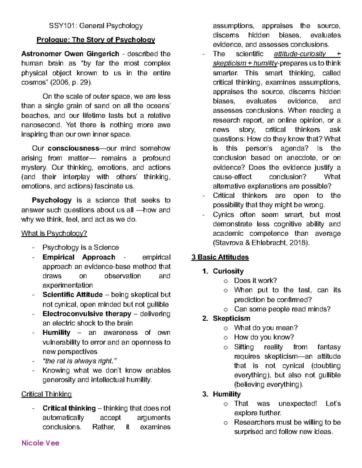 SSY101: Chapter 1 - Introduction to General Psychology Concepts - Studocu