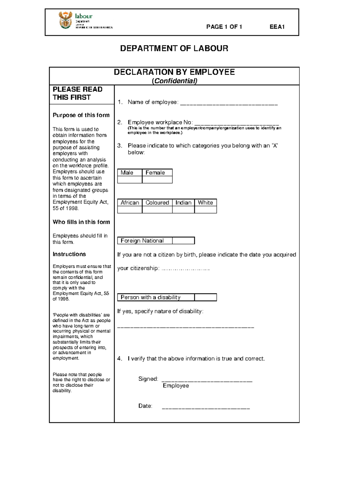 EEA1 Declaration Form - Employee Information for Labour Compliance ...